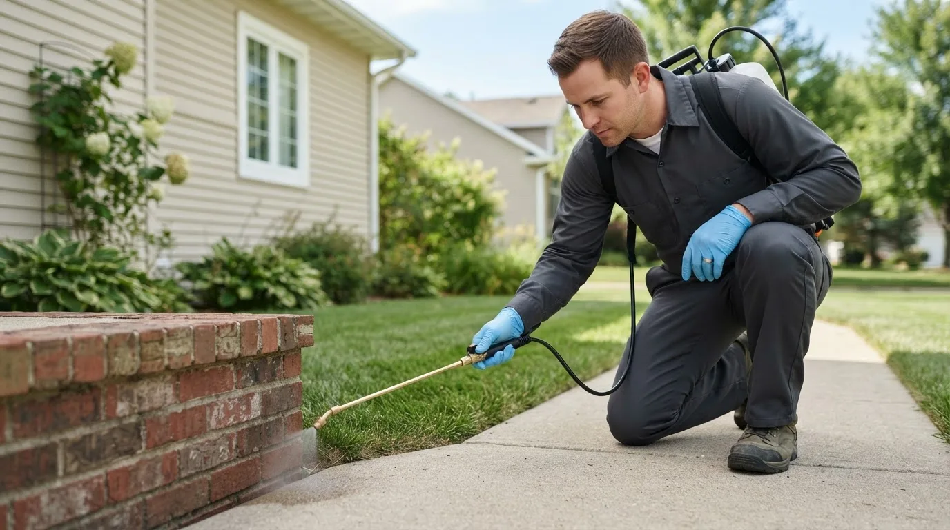 Pest control technician treating a home near Sims, IL