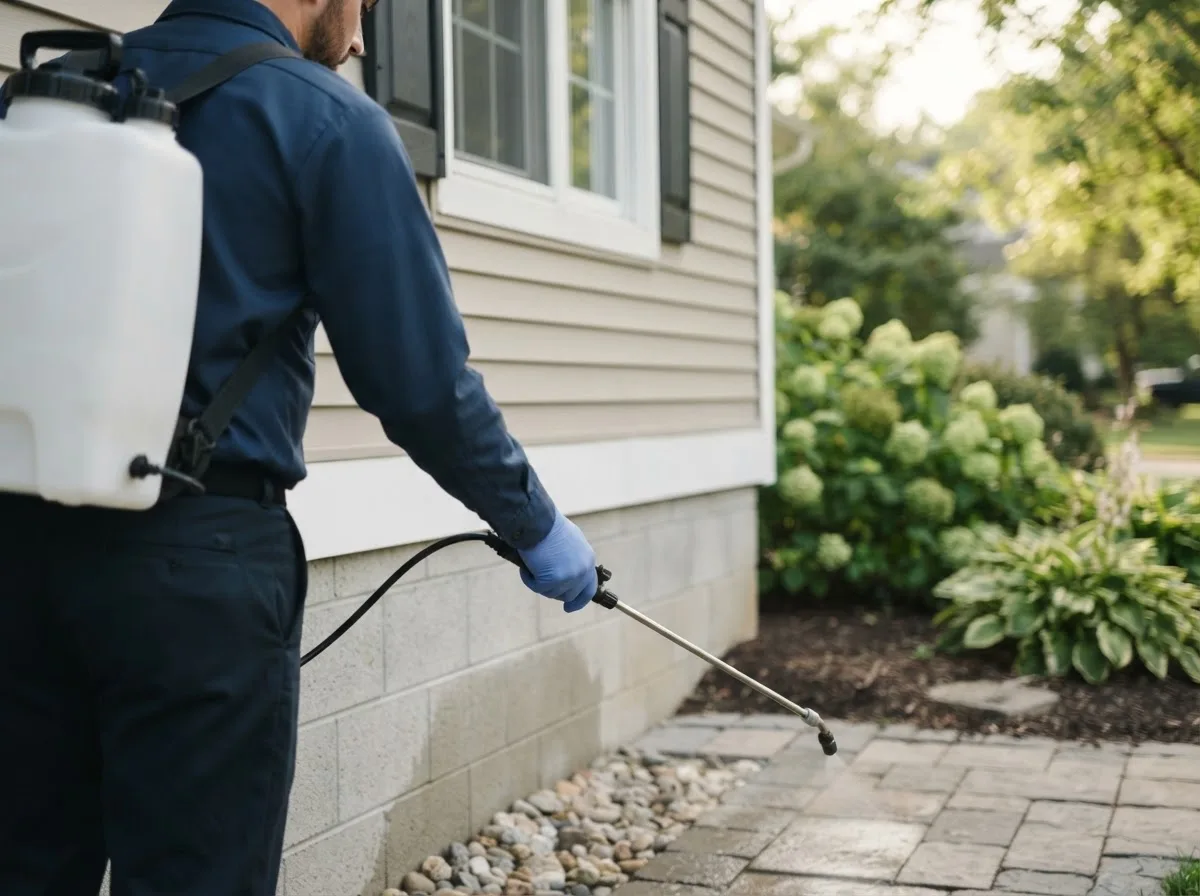 Pest control technician inspecting a home in Sims, IL